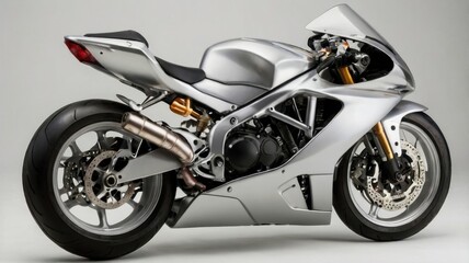 Obraz premium Silver Sports Bike with Curved Tank Side and Visible Mechanical Components on Neutral Background in Bright Studio Lighting