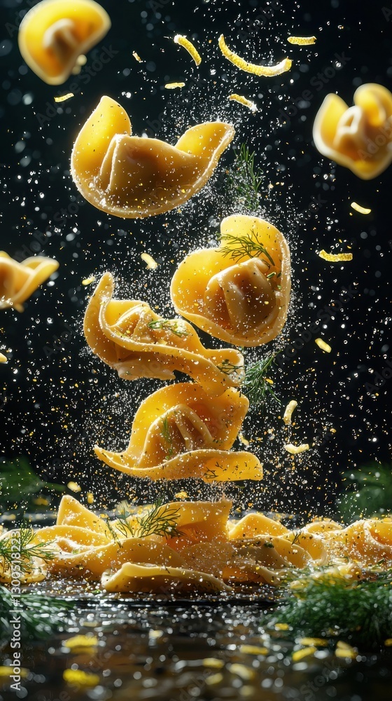 Poster floating pasta dumplings with herbs and spices create an appealing culinary display against a dark b