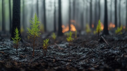 Fototapeta premium the process of forest regeneration after a fire, with plants starting to grow back in the ashes