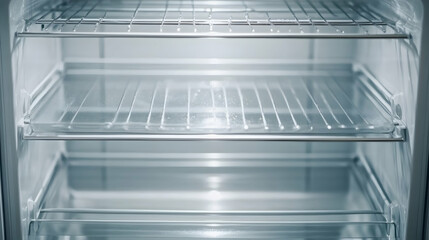 Empty Refrigerator Interior with Transparent Glass Shelves and Clean Lines in Modern Kitchen Design Setting