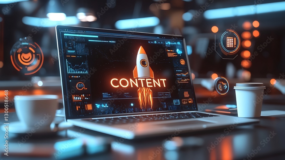 Poster digital marketing and content creation concept, a laptop displaying a rocket icon and the word conte