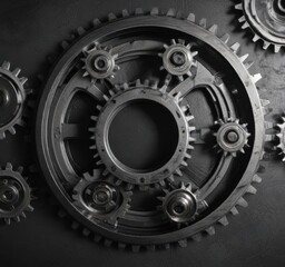 Metal plate with industrial gears and cogs on black brushed metallic background, cogs, industrial