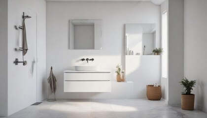 Fototapeta premium Minimalist bathroom with white wall and storage , minimalist, storage