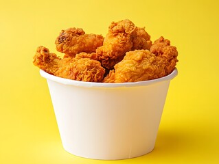 Crispy fried chicken in a classic white paper bucket. Juicy fried chicken in a white bucket.