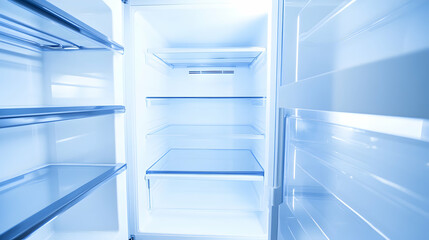 Interior View of an Empty Modern Refrigerator with Bright Blue Lighting and Clean Shelves in a Spacious Kitchen Setting