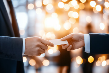 Attendees actively connect at a dynamic professional networking event, exchanging business cards amidst a lively atmosphere filled with excitement and opportunity