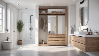 Modern bathroom with a spacious closet and white walls, closet,  decor,  bathroom