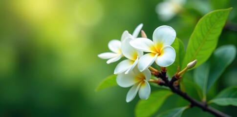 Fototapeta premium White flowers blooming on a single plumeria tree branch, tree, greenery