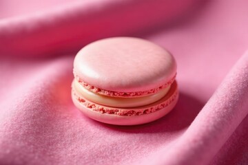 Fototapeta premium Single French vanilla macaroon on a velvet cloth, velvet, detail, pink