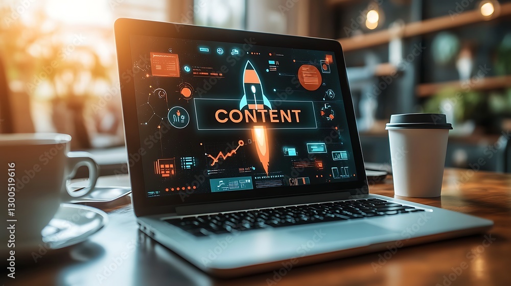 Poster digital marketing and content creation concept, a laptop displaying a rocket icon and the word conte