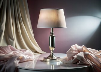 Elegant silver lamp, white shade, bathed in soft studio light; fashion photography perfection.