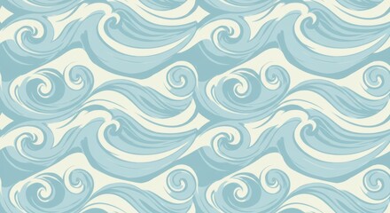 Seamless vector pattern of stylized ocean waves in light blue and white palette