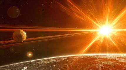 A mesmerizing celestial alignment shows planets in juxtaposition with a radiant sun casting brilliant light and cosmic lines across the surrounding space.