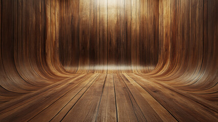 Seamless curved wooden interior with rich brown tones and smooth polished texture