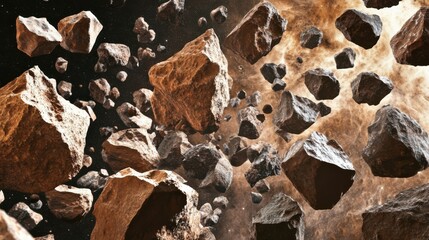 A collection of rugged asteroids navigating through the dark expanse of space, illustrating a dynamic scene of celestial movement and cosmic exploration imagery.