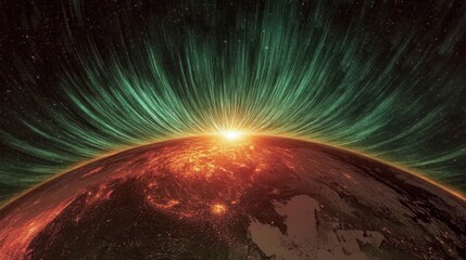 A sun dramatically rises over a fiery planet, casting vibrant green auroras across the sky, symbolizing new beginnings, dramatic landscapes, and cosmic beauty.
