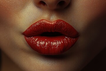 Fototapeta premium Close-up view of glossy red lips showcasing vibrant color and texture in a dramatic lighting setup during a makeup demonstration at a beauty event