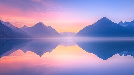 Fototapeta premium Serene Reflections: Perfect Symmetry of Mountain Lake at Dawn