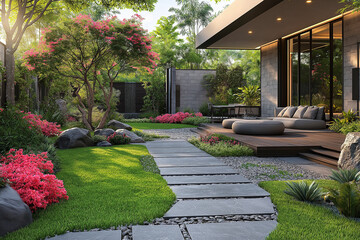 Photographie immobilière d’un petit coin de jardin de maison moderne privé avec un espace détente zen et cosy, des dalles de pierres sculptées et du mobilier de jardin cocooning. rendu 3D, idées déco