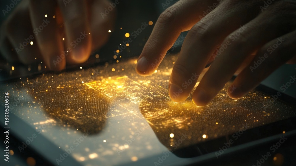 Poster close up of hands interacting with futuristic holographic interface on a digital tablet, exploring i