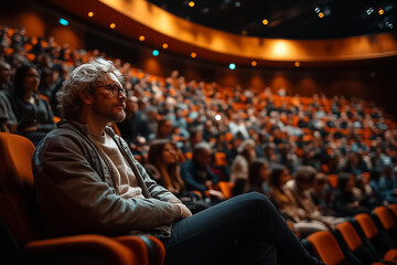 A packed auditorium buzzes with energy as diverse participants engage in thought-provoking discussions. Keynote speakers inspire creativity during interactive sessions, captivating the audience