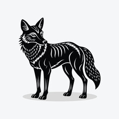 A black and white fox animal silhouette on white background.