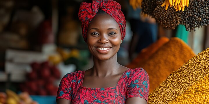 Vibrant market scene featuring a smiling woman wearing a red patterned dress in a bustling food market filled with spices and fresh produce at midday