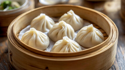 Steamed xiao long bao dumplings in a traditional bamboo basket with soft pleated dough