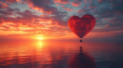 Fototapeta premium Heart-shaped balloon silhouetted at sunset reflecting on tranquil waters – Generative AI