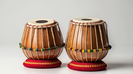 Wooden Tabla Pair Isolated on White Background Featuring Traditional Indian Percussion Instruments with Brown Wood and Red Bases