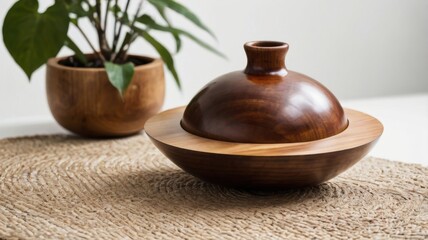 Wooden Toy Handpan Pair Isolated on White Background With Plant and Textured Mat