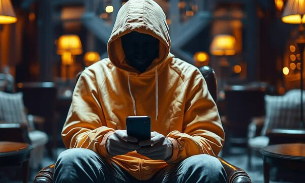 Mysterious Figure in Hoodie Using Smartphone at Night