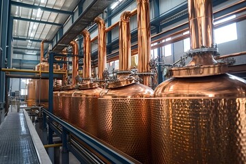 Gleaming copper stills dominate a distillery processing plant, showcasing the traditional craftsmanship and industrial scale of alcohol production
