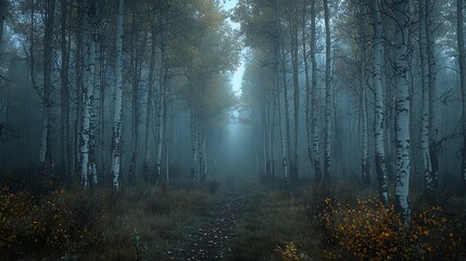 Obraz premium Misty autumn forest path, aspen trees, ethereal light, tranquil scene