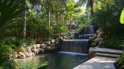 Naklejka premium Enchanting Tropical Jungle with Waterfall cascading into Emerald Pool
