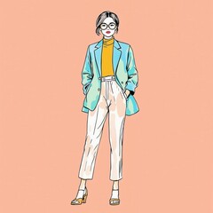 A woman is wearing a blue jacket and white pants