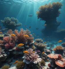 Naklejka premium School of fish swimming near coral reef with seaweed, sea life, sea creatures, fish
