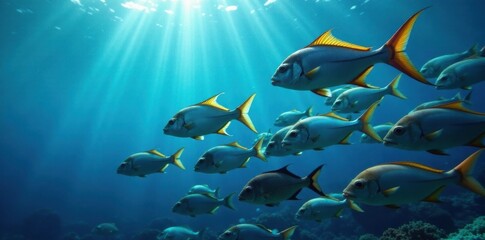 Fototapeta premium School of fish swimming together in blue ocean, sea creatures, aquatic