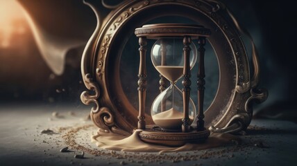Powerful Concept of Lost Time Depicted with a Broken Hourglass and Sand Particles – Dark and Symbolic Background Emphasizes Themes of Mortality, Urgency, and Life's Fragility