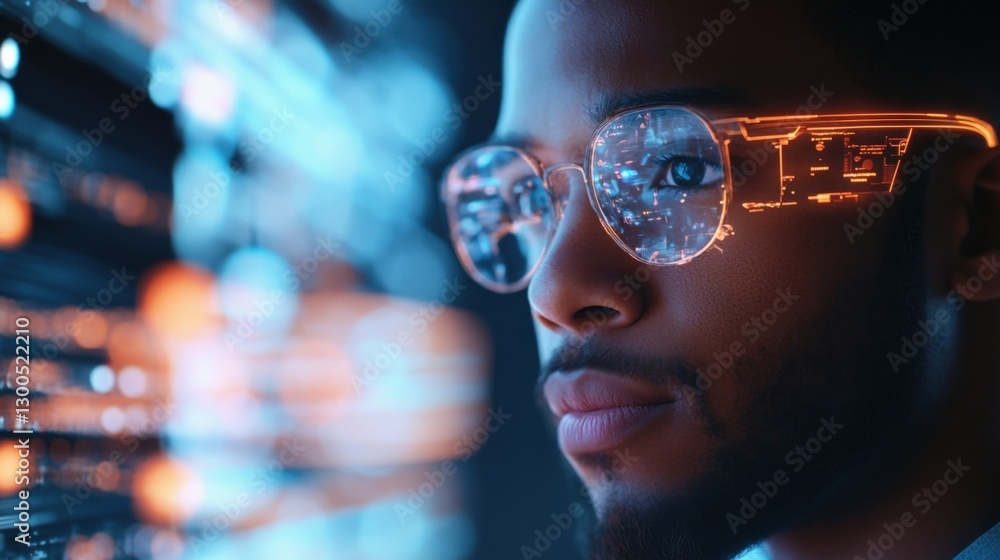 Poster close up of a software developer wearing ar glasses analyzing big data flow in a futuristic server r
