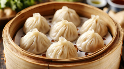Steamed xiao long bao dumplings in a traditional bamboo basket with soft pleated dough