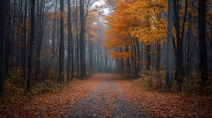 Fototapeta premium Misty autumn forest path lined with colorful leaves
