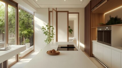 airy kitchen space where white countertops and a folding screen near a white wall combine to bring light and a sense of openness into the heart of the home