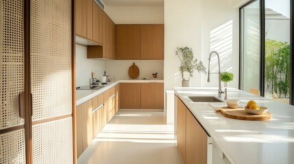 airy kitchen space where white countertops and a folding screen near a white wall combine to bring light and a sense of openness into the heart of the home
