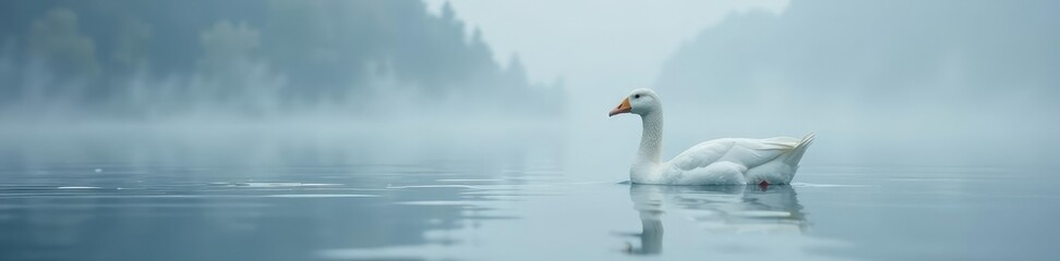 Obraz premium White Geese glide smoothly on foggy lake surface, fog, serene
