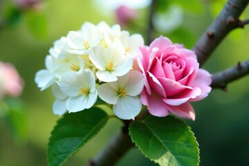 Obraz premium White hydrangeas and pink garden roses intertwined on a tree branch, blossom, flower