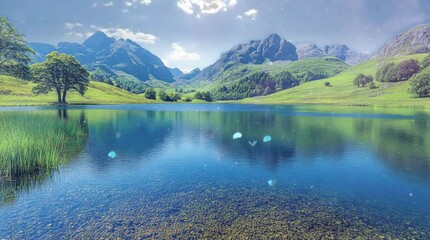 A pristine lake mirrors the lush green hills and majestic mountains under a bright blue sky. Gentle ripples and floating petals create a tranquil and dreamlike ambiance.