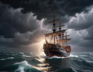 Fototapeta premium A ship sailing through stormy weather with lightning in the background, dark clouds, lightning flash, turbulent waters