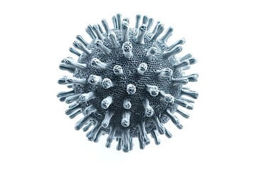 Microscopic view revealing a generic virus with distinct surface proteins, isolated on a clean white background, ideal for various medical and scientific applications