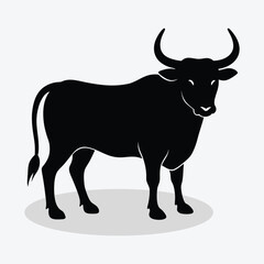 A black bull is standing in front of a white background